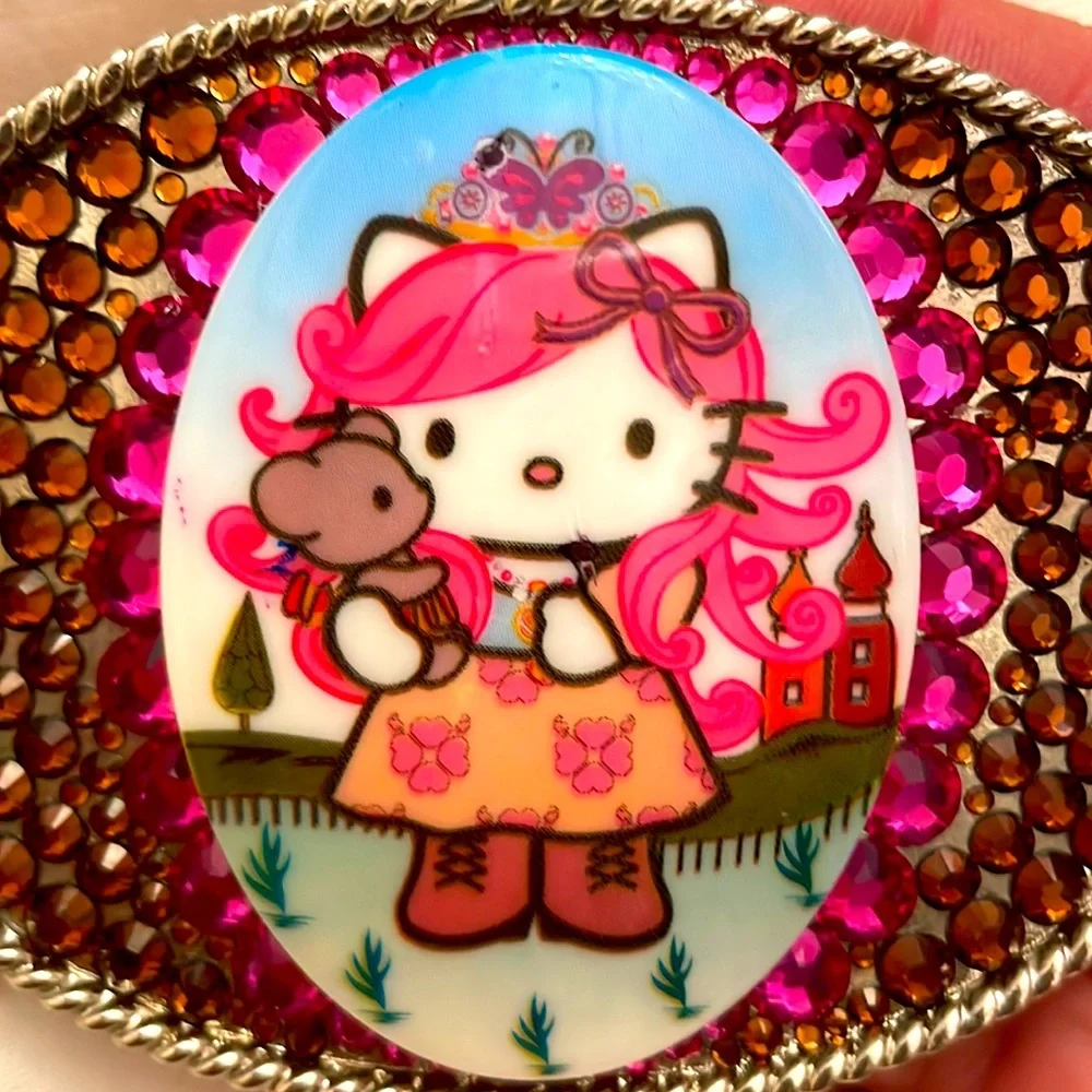 Vintage Tarina Tarantino Pink Head Hello Kitty Swarovski rhinestone belt buckle - Picture 9 of 12